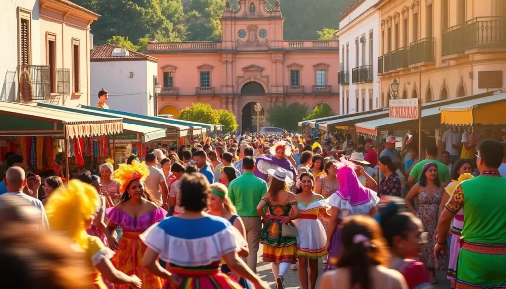 A vibrant and lively scene of El Salvador's colorful festival. In the foreground, a crowd of revelers dressed in traditional costumes dance to the rhythmic beats of live music, their movements a blur of vibrant hues. In the middle ground, stalls selling handcrafted goods and local delicacies line the streets, their vibrant awnings and displays drawing the eye. In the background, the historic architecture of the town frames the festivities, bathed in warm, golden sunlight that lends an inviting and celebratory atmosphere. The overall impression is one of joyous celebration, capturing the spirited essence of El Salvador's rich cultural heritage.