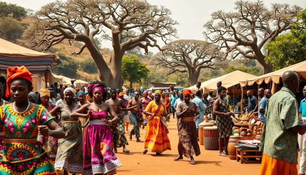 A vibrant and lively scene of a Gambian cultural festival unfolds before us. In the foreground, a troupe of dancers in colorful, traditional attire performs intricate steps to the rhythm of djembe drums and kora melodies. The middle ground reveals a bustling marketplace, where vendors hawk handcrafted textiles, wooden sculptures, and fragrant spices. In the background, towering baobab trees stand watch over the festivities, casting a warm, golden glow across the scene. The atmosphere is one of celebration, community, and a deep connection to Gambian heritage. A crisp, natural lighting accentuates the details, drawing the viewer into the vibrant tapestry of Gambian cultural expression.