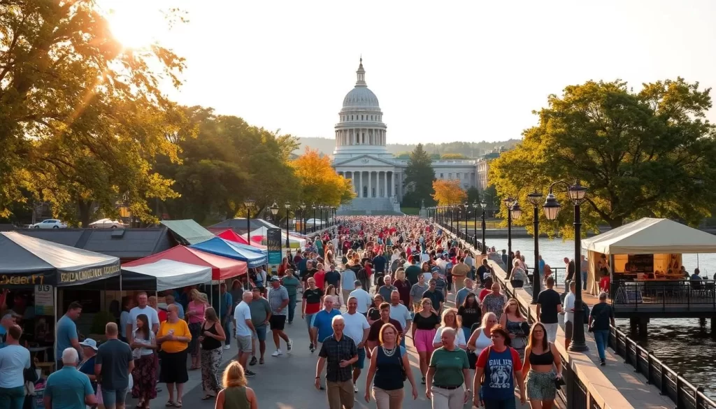 A vibrant and lively scene set in the heart of Harrisburg, Pennsylvania during a pleasant seasonal event. Prominent landmarks like the Pennsylvania State Capitol building and the Susquehanna River serve as a stunning backdrop, while a bustling crowd of people stroll along the riverfront promenade, enjoying local food vendors, live music performances, and colorful displays. Warm sunlight filters through the trees, casting a golden glow over the festivities. The atmosphere is one of community, celebration, and the unique charm of this historic city.