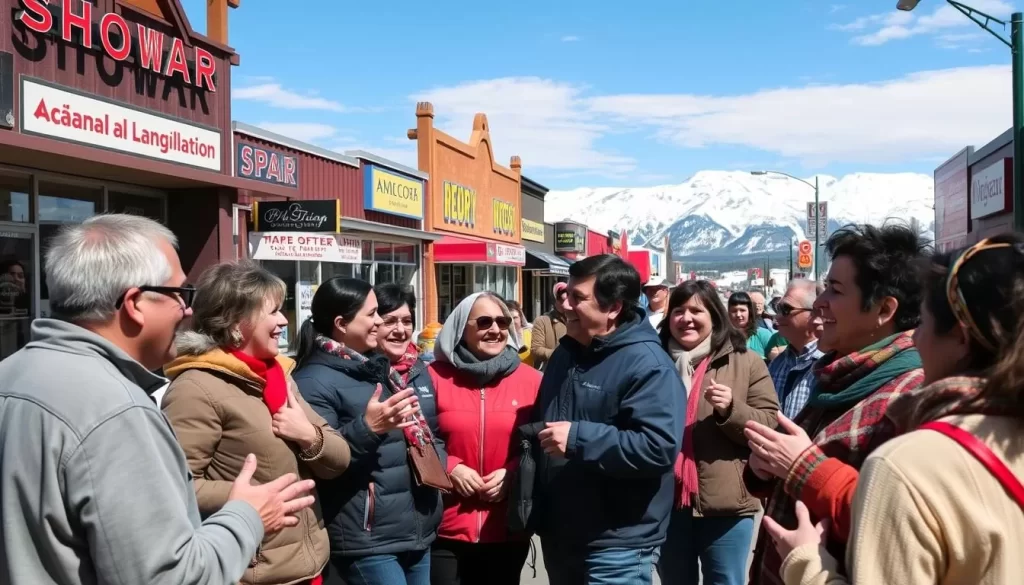A vibrant and lively street scene in the Northwest Territories, Canada, showcasing the region's linguistic diversity. In the foreground, a group of people of different ages and backgrounds converse animatedly in both English and Indigenous languages, their gestures and expressions reflecting the warmth and energy of a bilingual community. The middle ground features storefronts and businesses with signage in multiple scripts, while the background is filled with snow-capped mountains and a clear, blue sky, creating a picturesque and serene setting. The overall scene conveys a sense of harmony and inclusion, capturing the essence of bilingualism in this northern Canadian region.