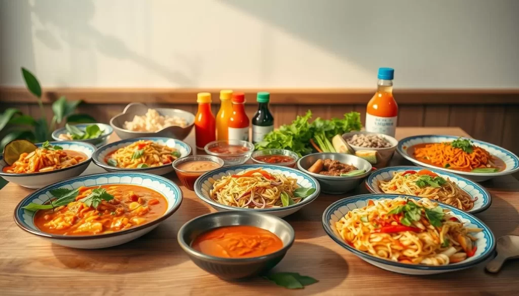 A vibrant arrangement of authentic Thai dishes, beautifully presented on a wooden table in a well-lit, airy setting. In the foreground, steaming plates of fragrant curries, stir-fried noodles, and rice dishes, garnished with fresh herbs and vibrant vegetables. In the middle ground, a selection of colorful sauces, condiments, and garnishes, inviting the viewer to experience the full depth of Thai flavors. The background features a subtle, natural-looking environment, with soft natural lighting casting a warm glow over the scene, creating an atmosphere of comfort and culinary delight. The overall composition is visually appealing, showcasing the rich, diverse, and mouthwatering nature of authentic Thai cuisine.