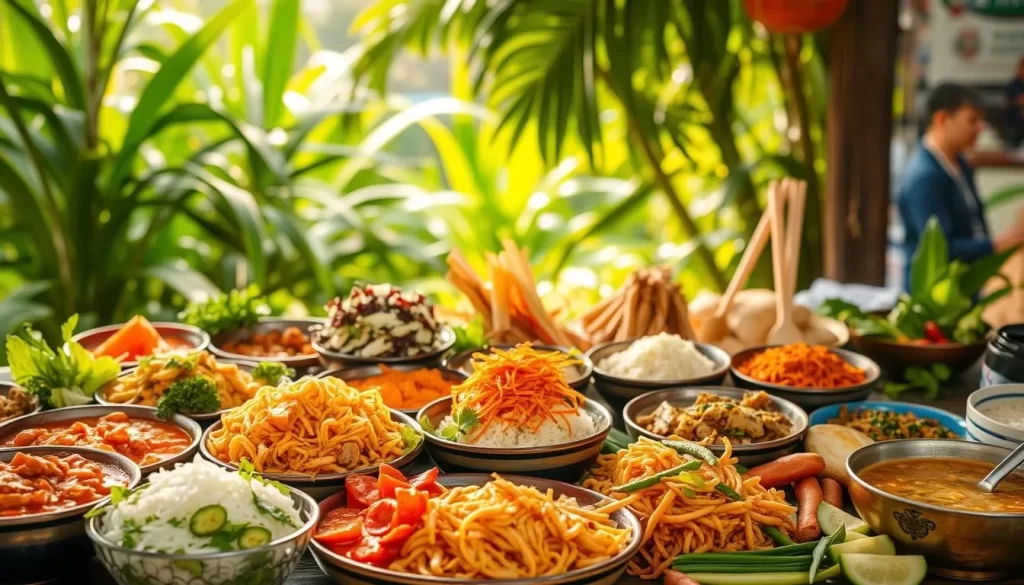A vibrant array of Thai regional cuisines, showcasing the diverse flavors and culinary traditions of the nation. In the foreground, an assortment of signature dishes - from the aromatic curries of the south, to the fiery Isaan-style salads, and the delicate rice noodle soups of the north. The middle ground features a lush backdrop of tropical foliage, hinting at the verdant landscapes that inspire these regional specialties. Warm, diffused lighting casts a golden glow, evoking the welcoming atmosphere of a bustling Thai street market. The overall composition captures the essence of Thailand's rich culinary heritage, inviting the viewer to explore the unique flavors and traditions of each distinct region.