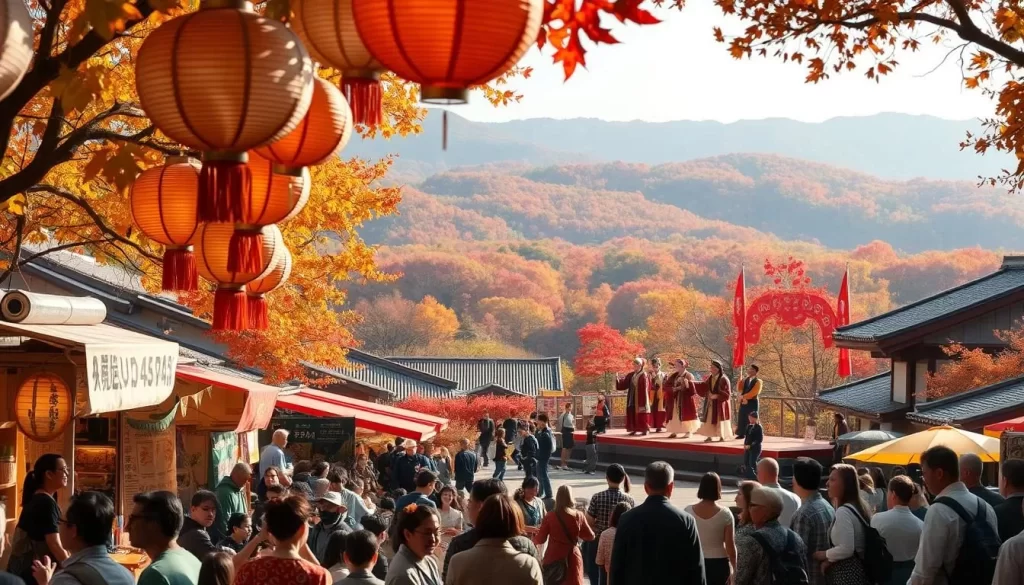 A vibrant autumn day in Mie Prefecture, Japan. In the foreground, a bustling festival with colorful stalls and lively crowds. Intricate paper lanterns sway gently in the soft breeze, casting a warm glow. In the middle ground, traditional dancers perform on a raised stage, their vibrant costumes and graceful movements captivating onlookers. In the background, a picturesque landscape unfolds, with rolling hills and lush trees ablaze in a palette of reds, oranges, and yellows. The scene is bathed in a soft, natural light, creating a serene and inviting atmosphere. This is a vibrant celebration of the changing seasons in Mie Prefecture.