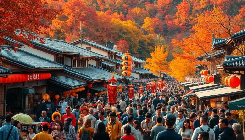 A vibrant autumn festival in a traditional Japanese town. The foreground features a lively parade of costumed performers, colorful banners, and intricate lanterns. In the middle ground, crowds of locals and visitors gather around food stalls and craft vendors, creating a bustling atmosphere. The background showcases iconic buildings with pagoda roofs, set against a backdrop of vibrant foliage in warm hues of red, orange, and yellow. The scene is illuminated by a soft, golden afternoon light, casting a cozy, inviting glow over the entire festival. The overall mood is one of celebration, community, and the beauty of the autumnal season.