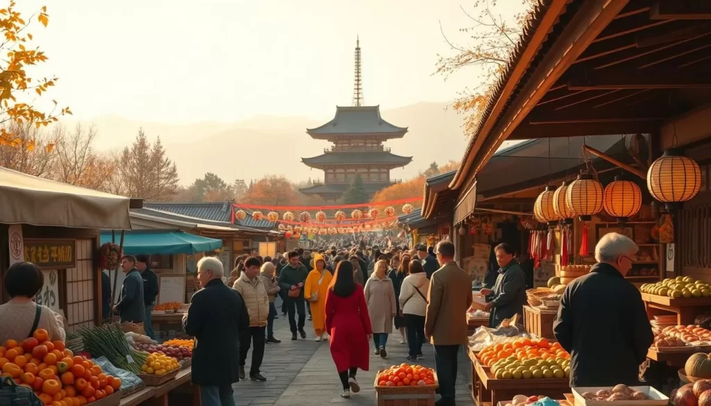 A vibrant autumn harvest festival in a Japanese countryside setting, bathed in warm golden light. In the foreground, clusters of colorful produce and freshly baked goods adorn rustic market stalls, tended by friendly locals in traditional attire. The middle ground features a lively crowd of festival-goers mingling amidst decorative lanterns and seasonal decorations. In the background, a temple or shrine stands majestically, its ancient architecture silhouetted against a hazy sky. The scene exudes a sense of cultural celebration, community, and the bounty of the autumn harvest.