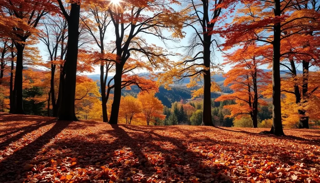 A vibrant autumn landscape in Fukushima Prefecture, Japan. In the foreground, a lush carpet of fallen leaves in shades of red, orange, and gold covers the forest floor, inviting exploration. In the middle ground, tall, stately trees stand, their branches heavy with colorful foliage swaying gently in the mild breeze. Dappled sunlight filters through the canopy, casting a warm, golden glow across the scene. In the background, rolling hills dotted with distant trees form a serene, picturesque backdrop, hinting at the tranquil beauty of the region. The overall mood is one of peaceful autumnal splendor, capturing the essence of Fukushima's vibrant fall foliage and comfortable weather.