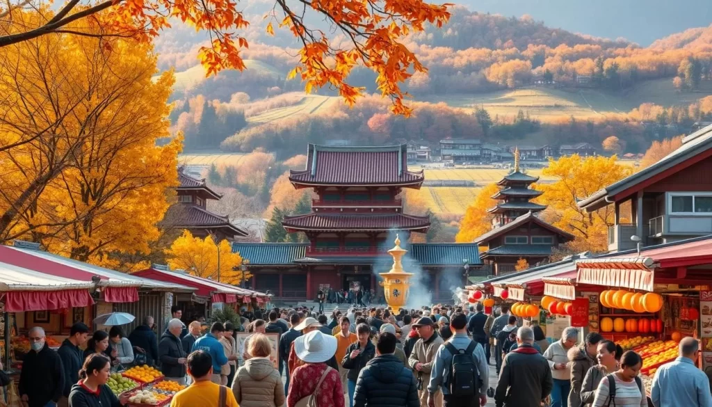 A vibrant autumn landscape in Ishikawa Prefecture, Japan. In the foreground, local families gather at a traditional harvest festival, surrounded by colorful stalls selling fresh produce, handcrafted goods, and steaming street food. The middle ground features a centuries-old temple, its red-tiled roof contrasting against the golden foliage of the trees. In the background, rolling hills dotted with rural farmhouses and rice paddies bask in the warm glow of the afternoon sun. The scene is bathed in soft, natural lighting, capturing the celebratory atmosphere and the bounty of the autumn harvest.