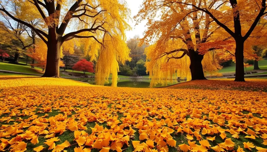 A vibrant autumn scene in Yoyogi Park, Tokyo. The foreground is adorned with a carpet of fallen golden ginkgo leaves, gently swirling in the crisp breeze. In the middle ground, towering ginkgo trees stand tall, their brilliant foliage reflecting in a tranquil pond. The background features the park's lush green landscapes, with hints of red and orange hues peeking through. Warm, soft lighting filters through the canopy, casting a cozy glow over the serene setting. Capture the essence of this picturesque Japanese autumn wonderland.