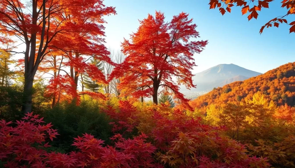 A vibrant autumnal scene in the scenic Miyagi Prefecture, Japan. In the foreground, a carpet of crimson and golden maple leaves covers the forest floor, contrasting with the lush green foliage. In the middle ground, towering trees with fiery red and orange leaves stand tall, their branches swaying gently in the cool breeze. In the background, a distant mountain range rises, its peaks shrouded in a light mist. The warm, soft light of an autumn afternoon bathes the entire landscape, creating a cozy, inviting atmosphere. The scene evokes a sense of tranquility and the seasonal beauty of Japan's harvest time.