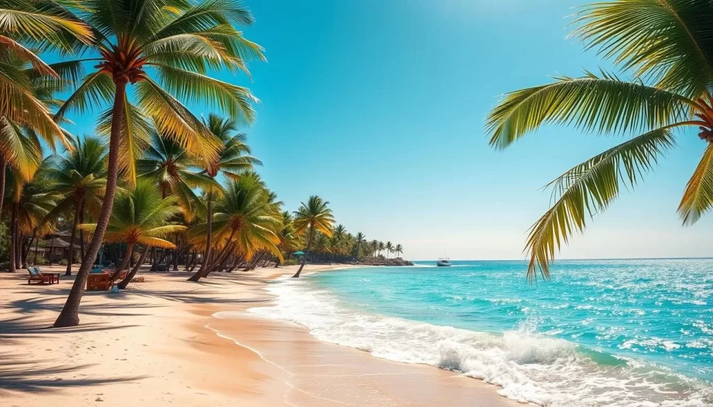A vibrant beach scene with palm trees and turquoise waters.