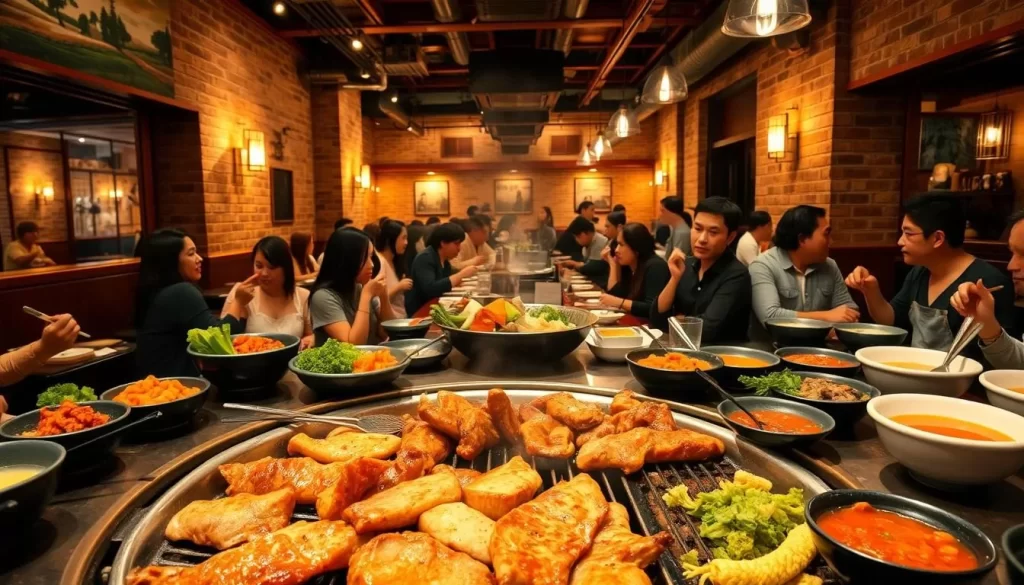 A vibrant, bustling Korean barbecue restaurant in the heart of New York City. In the foreground, a sizzling grill with tender, marinated meats, surrounded by an array of fresh kimchi, crisp vegetables, and steaming bowls of savory stew. The middle ground features lively diners enjoying the communal dining experience, chopsticks in hand, as the aroma of charcoal-grilled delicacies fills the air. The background showcases a warm, cozy atmosphere, with exposed brick walls, wooden accents, and string lights creating a welcoming ambiance. The scene is bathed in a soft, natural light, capturing the vibrant energy and rich flavors of authentic Korean cuisine.