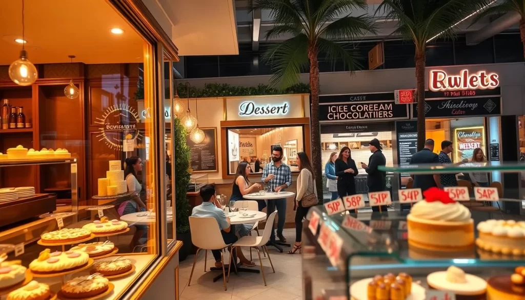 A vibrant, bustling dessert restaurant scene in Los Angeles, California. In the foreground, an elegant patisserie with intricate pastries and delicate confections displayed in the window. Warm lighting casts a cozy glow, inviting passersby to indulge. The middle ground features a charming cafe with couples and friends sipping coffee and savoring decadent cakes and tarts. In the background, a row of trendy dessert spots, each with its own unique flair - from a whimsical ice cream parlor to a chic, modern chocolatier. The scene exudes a sense of indulgence and celebration, capturing the vibrant, diverse dessert culture that makes Los Angeles a sweet destination.