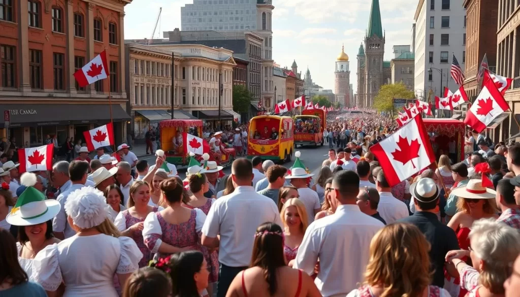 A vibrant, bustling scene of iconic Canadian festivals, showcasing the cultural diversity and lively spirit of the nation. In the foreground, a crowd of revelers in traditional costumes dances to the rhythmic beats of live music, creating a joyous atmosphere. In the middle ground, colorful parade floats adorned with maple leaves and Canadian flags pass by, while in the background, historic buildings and landmarks provide a backdrop, bathed in the warm glow of the sun. The scene is captured with a wide-angle lens, conveying a sense of energy and community, reflecting the rich tapestry of Canadian festivals.