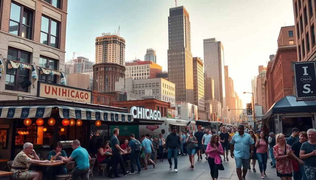 A vibrant, bustling street scene in the heart of Chicago, showcasing the city's eclectic culinary landscape. In the foreground, a group of diners enjoys an unconventional meal at a trendy outdoor restaurant, surrounded by a diverse mix of local eateries and food trucks. The middle ground features a lively crowd navigating the sidewalks, taking in the sights, sounds, and aromas of the city's unique dining experiences. In the background, the iconic skyline of Chicago rises, bathed in warm, golden sunlight, creating a captivating and atmospheric setting for this exploration of the city's unconventional culinary scene.