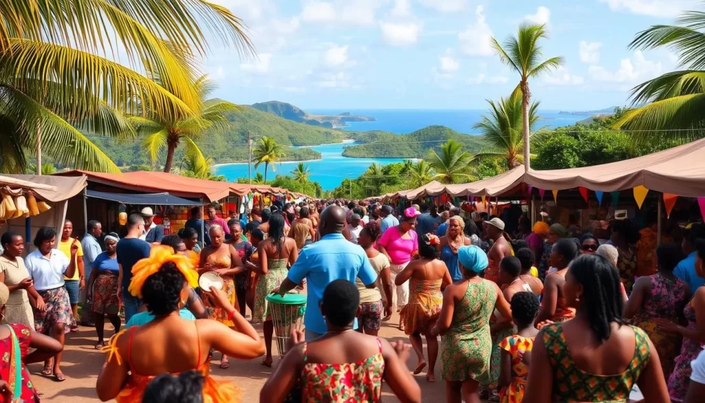 A vibrant celebration in Mayotte's tropical paradise. In the foreground, a lively crowd dances to the rhythmic beats of traditional drums, their colorful costumes swirling in the warm breeze. In the middle ground, stalls brimming with local delicacies and handcrafted wares line the streets, inviting visitors to immerse themselves in the island's rich culture. The background features a stunning natural landscape, with lush green hills and the sparkling azure waters of the Indian Ocean. Soft, diffused lighting casts a warm, inviting glow over the entire scene, creating a festive and welcoming atmosphere.
