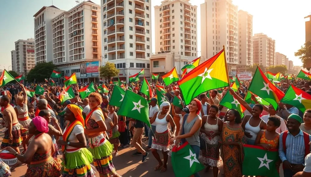 A vibrant celebration in the heart of Mogadishu, Somalia. In the foreground, a colorful parade of dancers and musicians, their traditional garments and instruments a dazzling display of national pride. In the middle ground, crowds of jubilant citizens waving Somali flags, their faces alight with joy and excitement. The background is framed by towering colonial-era buildings, a poignant reminder of the hard-won independence being commemorated. Warm sunlight bathes the scene, casting a golden glow over the festivities. The atmosphere is electric, infused with a spirit of unity, triumph, and the promise of a brighter future.