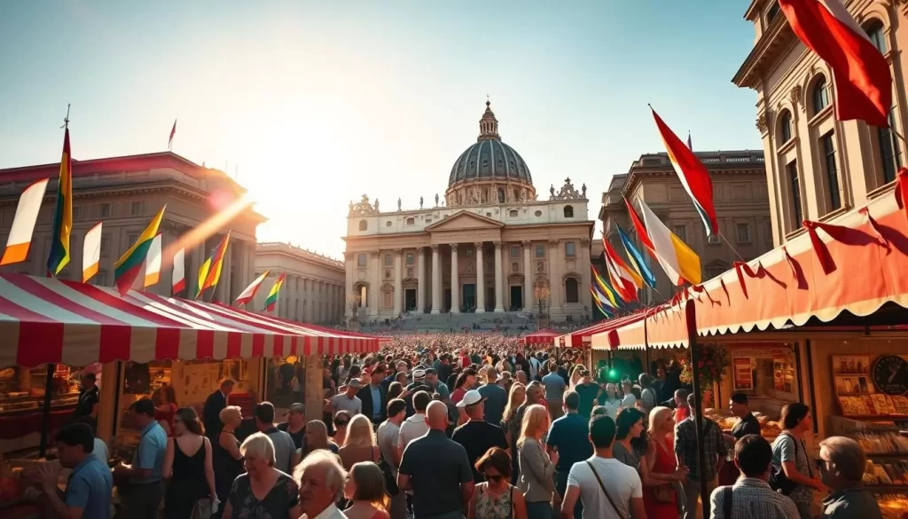 A vibrant celebration in the heart of Vatican City, the sun's warm glow illuminating the grand Baroque architecture. In the foreground, a lively crowd gathers around colorful stalls selling local delicacies and handcrafted wares. Flags and banners flutter in the gentle breeze, creating a festive atmosphere. In the middle distance, the iconic St. Peter's Basilica and Michelangelo's mighty dome stand as majestic backdrops. Candid shots of people laughing, dancing, and enjoying the festivities fill the frame, capturing the essence of the Vatican's rich cultural heritage. The scene is captured with a cinematic, wide-angle lens, inviting the viewer to immerse themselves in the vibrant sights and sounds of this enchanting Vatican City festival.