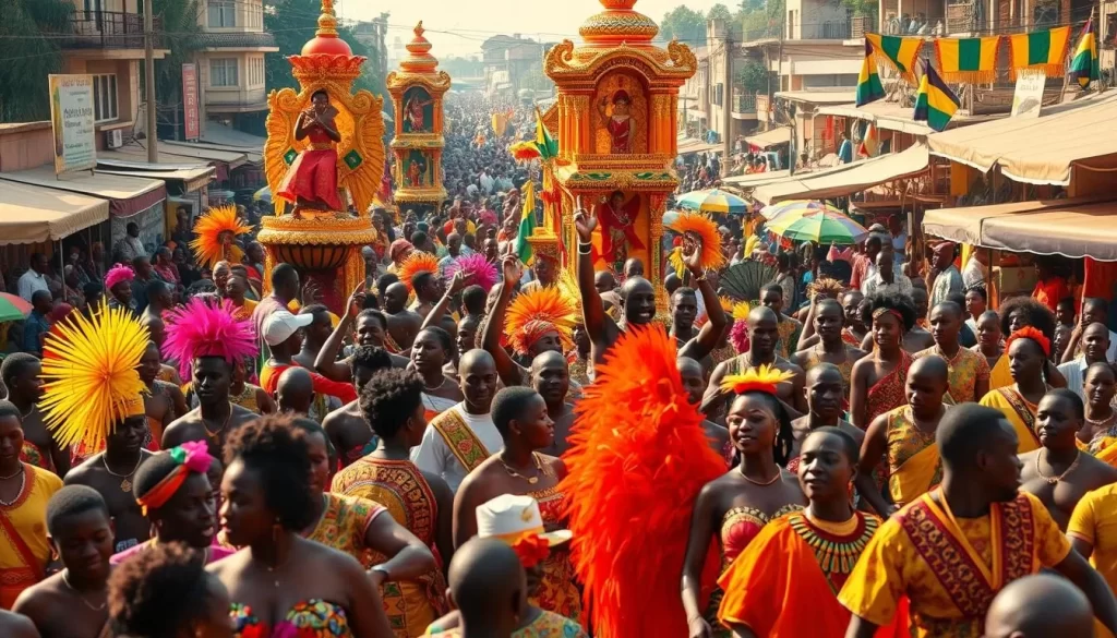 A vibrant celebration of Ghana's rich cultural heritage. In the foreground, a lively crowd of revelers adorned in vibrant traditional costumes, dancing and drumming to the rhythm of energetic music. In the middle ground, colorful parade floats and ornate structures representing various aspects of Ghanaian culture. The background features a bustling marketplace, with vendors selling local crafts, textiles, and cuisine. Warm, natural lighting casts a golden glow over the scene, creating a joyful and immersive atmosphere. Capture the spirit of Ghana's festivals - the energy, the diversity, and the deeply rooted cultural traditions that make this nation so captivating.