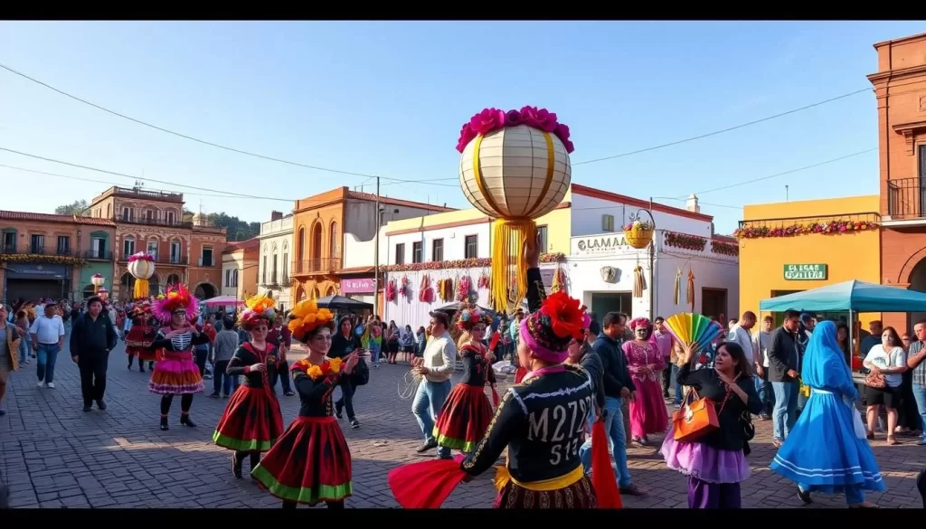 A vibrant celebration of Guatemala's Day of the Dead traditions unfolds against a backdrop of colorful buildings, cobblestone streets, and a clear blue sky. In the foreground, costumed revelers dance and parade, carrying intricate paper lanterns and floral arrangements. In the middle ground, vendors sell traditional foods, crafts, and decorations, while onlookers gather to observe the festivities. The scene is bathed in warm, golden light, capturing the festive and joyous atmosphere of this important cultural event.
