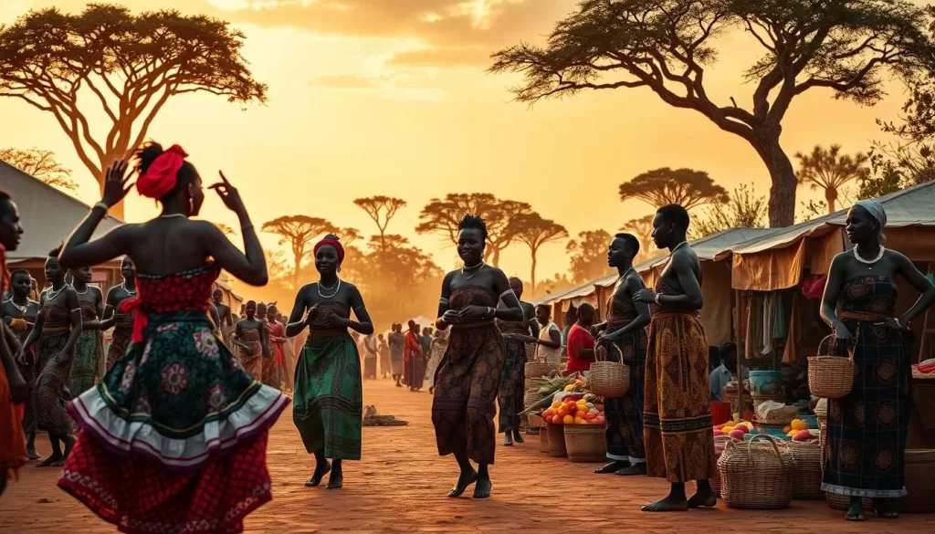 A vibrant celebration of Kenyan culture and tradition, showcasing a lively village festival scene. In the foreground, a group of dancers adorned in colorful traditional attire perform a captivating dance, their movements graceful and energetic. In the middle ground, a bustling marketplace with vendors selling handcrafted goods, woven baskets, and local produce. The background features the iconic silhouettes of acacia trees against a warm, golden-hued sky, creating a serene and picturesque setting. The lighting is soft and natural, casting a warm glow over the entire scene. Capture the essence of Kenya's vibrant festival culture in a cinematic, slice-of-life composition.