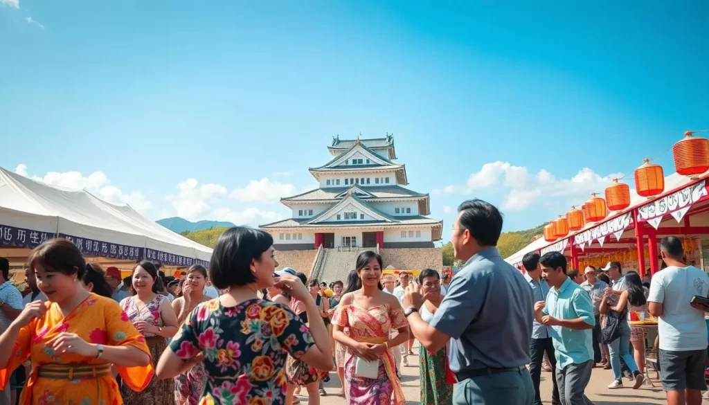 A vibrant celebration of Okinawan culture unfolds in a bustling festival scene. In the foreground, locals in traditional dress dance to the rhythm of live music, their colorful garments swaying in the warm breeze. The middle ground reveals an array of festive stalls, their canopies adorned with intricate banners and lanterns casting a warm glow. In the background, the iconic Shuri Castle stands proud, its regal architecture framed by a cloudless azure sky. The atmosphere is one of joy and community, with the laughter and chatter of the crowd creating a lively soundtrack to this quintessential Okinawan experience.