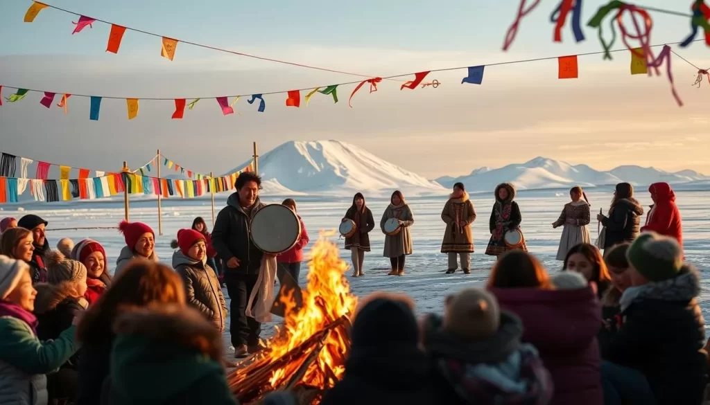 A vibrant celebration unfolds at Baker Lake, Nunavut. In the foreground, local families gather around a roaring bonfire, their faces aglow with joy and laughter. Colorful handmade banners and streamers sway in the crisp northern breeze, adding to the festive atmosphere. In the middle ground, traditional Inuit dancers move gracefully to the rhythmic beats of drums, their intricate costumes and regalia a stunning display of cultural heritage. The backdrop features the serene, snow-capped peaks of the surrounding mountains, bathed in the soft, golden light of the summer sun. The overall scene captures the warmth, community, and cultural vibrancy that defines the seasonal celebrations at Baker Lake.