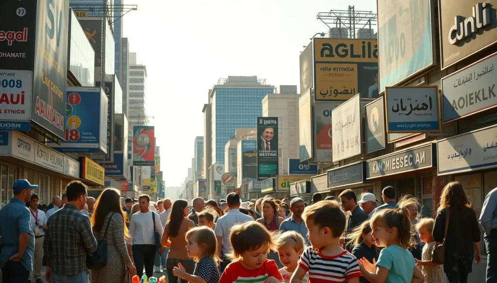 A vibrant cityscape bathed in warm sunlight, diverse groups of people engaged in animated conversations, their native tongues blending into a harmonious chorus. Billboards and storefront signs in a tapestry of scripts, from Cyrillic to Devanagari, Hangul to Arabic, reflecting the rich tapestry of immigrant cultures. In the foreground, a group of children playing with toys, their laughter and chatter echoing the multilingual symphony around them. The scene captures the dynamic energy and cultural vibrancy of a community embracing its immigrant heritage, a testament to the rise of immigrant languages in the heart of Saskatchewan.