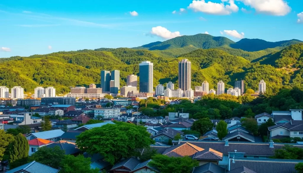A vibrant cityscape nestled amidst lush greenery, Fukushima City radiates resilience. In the foreground, bustling streets are lined with traditional Japanese architecture, their roofs glinting under the warm sun. In the middle ground, towering modern skyscrapers stand as symbols of progress, their glass facades reflecting the azure sky. Framing the scene, verdant hills rise up, cloaked in a tapestry of forests and parklands. A sense of tranquility and renewal permeates the air, as the city embraces its past while looking forward to a brighter future. Capture this captivating blend of old and new, set against a backdrop of natural splendor.