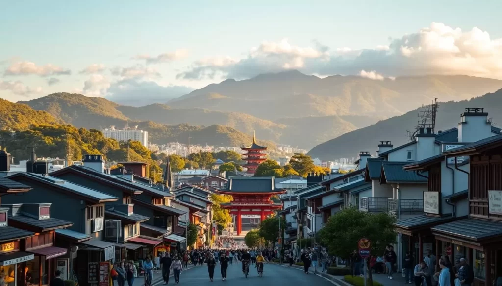 A vibrant cityscape nestled between lush hills and the sparkling Miyazaki coastline. In the foreground, bustling streets lined with traditional shops and cafes, people strolling and biking leisurely. In the middle ground, the iconic Miyazaki Shrine stands tall, its vermilion-tinted architecture bathed in warm, golden sunlight. In the distance, rolling green mountains touch the horizon, their peaks capped with fluffy clouds. Soft, diffused lighting casts a serene, dreamy atmosphere over the entire scene, inviting the viewer to explore the charming sights and sounds of this picturesque Japanese city.