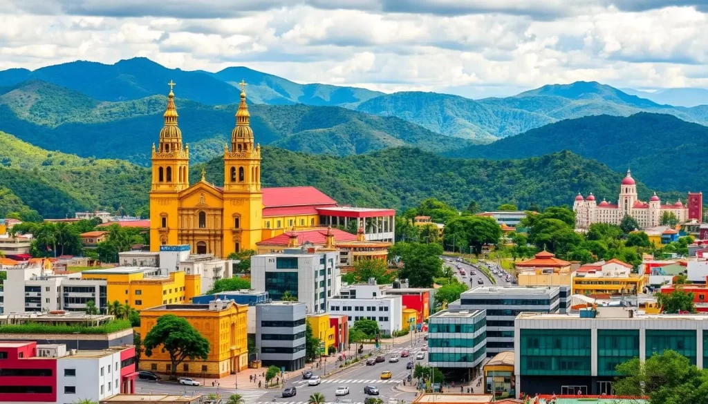 A vibrant cityscape nestled in Honduras' mountainous terrain, Tegucigalpa's skyline rises majestically against a backdrop of lush, verdant hills. Imposing colonial-era churches with towering spires stand tall, their intricate facades bathed in warm, golden sunshine. Bustling streets wind through the urban core, lined with colorful, well-preserved architecture that reflects the city's rich cultural heritage. In the foreground, modern high-rises and office buildings mingle seamlessly with historic landmarks, creating a harmonious blend of old and new. Pedestrians and vehicles navigate the scene, imparting a sense of lively activity. Framed by the rugged, picturesque mountains that embrace the city, this panoramic vista captures the essence of Tegucigalpa - a thriving, dynamic capital balanced atop Honduras' dramatic natural landscapes.