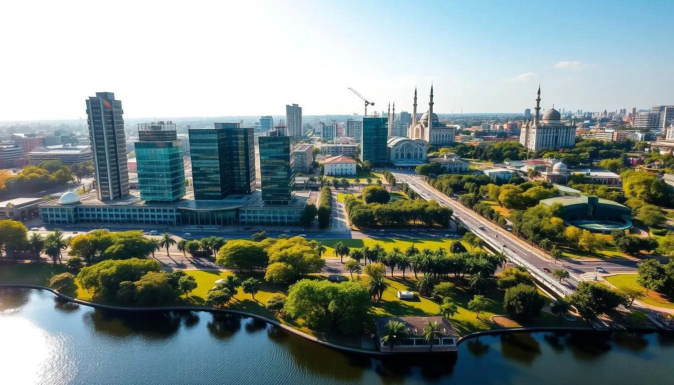 A vibrant cityscape of Abuja, Nigeria, under a bright, sunny sky. In the foreground, modern skyscrapers and glass-clad office buildings glisten in the warm light, their reflections dancing on the surface of a tranquil lake. In the middle ground, lush green parks and tree-lined avenues invite exploration, while in the distance, the iconic domes and minarets of the city's architecture stand tall, creating a harmonious blend of old and new. The scene exudes a sense of energy and progress, capturing the dynamic spirit of Abuja as a thriving, cosmopolitan hub. Capture this vista through a wide-angle lens, showcasing the scale and grandeur of the cityscape.