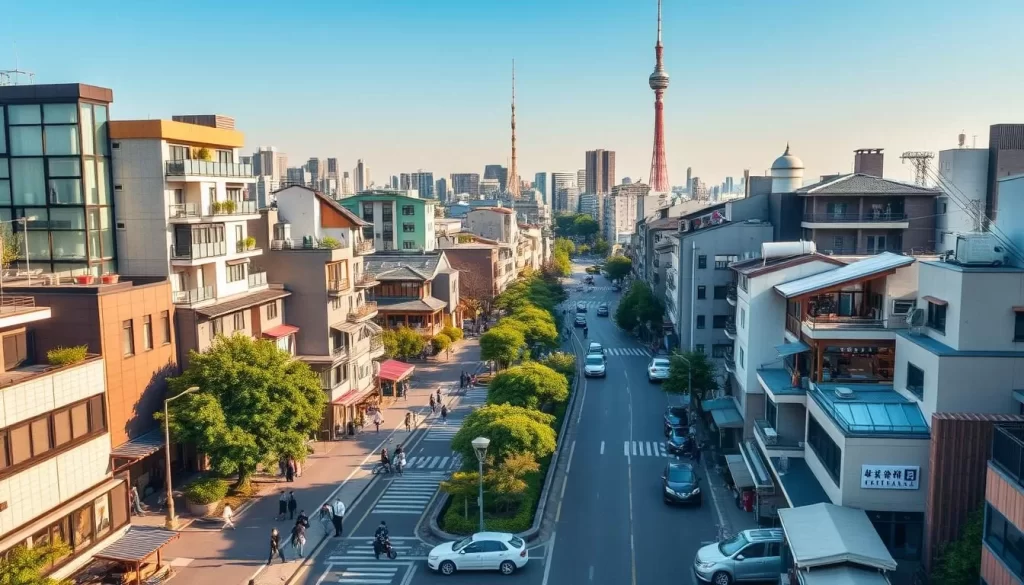 A vibrant cityscape of Adachi-ku, Tokyo, on a pleasant sunny day. Capture the harmonious blend of modern architecture and traditional Japanese elements. Showcase the bustling streets lined with local shops, restaurants, and residents going about their daily lives. Include verdant parks, serene rivers, and the iconic Tokyo Skytree towering in the distance. Utilize a wide-angle lens to convey a sense of depth and immersion, with soft, warm lighting that accentuates the rich colors and textures. Evoke a mood of tranquility and discovery, inviting the viewer to explore this hidden gem of the Japanese capital.