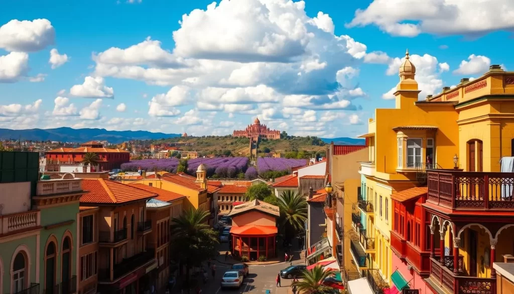 A vibrant cityscape of Antananarivo, the capital of Madagascar, bathed in warm afternoon sunlight. In the foreground, bustling streets lined with colorful buildings, their distinct architecture blending traditional and modern styles. Intricate arches, ornate balconies, and terracotta roofs create a captivating visual tapestry. Winding through the midground, the iconic Avenue of the Jacarandas, its purple-hued canopy casting a gentle shade over the scene. In the distance, the iconic Rova of Antananarivo, the former royal palace, stands atop a hill, overlooking the vibrant cityscape below. Fluffy white clouds dot the azure sky, adding to the serene and picturesque atmosphere.