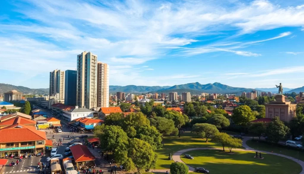 A vibrant cityscape of Kigali, Rwanda's thriving capital, unfolds against a backdrop of rolling hills. Towering glass-and-steel skyscrapers stand in harmony with traditional red-roofed buildings, casting long shadows in the warm afternoon light. In the foreground, bustling streets teem with locals and visitors alike, weaving between vendors' stalls and cafes. A lush, verdant park provides a serene oasis, its winding paths dotted with benches and the occasional statue. Overhead, a clear blue sky with wispy clouds completes the tranquil yet dynamic scene, capturing the essence of Kigali's vibrant heart.