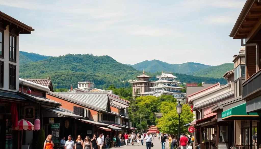 A vibrant cityscape of Kumamoto, Japan, on a pleasant day. In the foreground, historic architecture and bustling streets with locals and tourists exploring shops and restaurants. In the middle ground, the iconic Kumamoto Castle stands tall, its distinctive roofs and towers gleaming in the warm sunlight. In the background, lush green hills and mountains frame the scene, creating a picturesque landscape. The image is captured with a wide-angle lens, allowing the viewer to take in the full scope of the city's charming mix of traditional and modern elements. The overall mood is one of tranquility and excitement, inviting the viewer to imagine themselves immersed in the vibrant culture and natural beauty of Kumamoto.