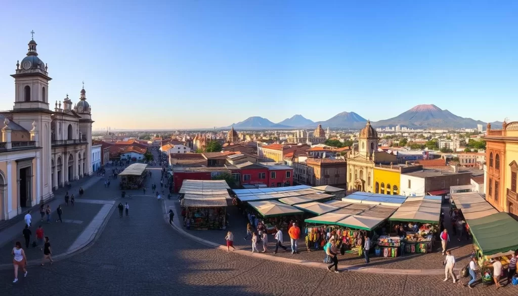 A vibrant cityscape of León, Nicaragua, captured in the warm glow of the afternoon sun. Cobblestone streets wind through a tapestry of colonial architecture, with towering cathedrals and colorful buildings lining the scene. In the foreground, pedestrians stroll leisurely, immersed in the city's charming atmosphere. The middle ground reveals a bustling market, its vendors offering a variety of local wares. In the distance, majestic volcanoes rise, framing the historic skyline with a dramatic natural backdrop. Captured through a wide-angle lens, this panoramic view showcases the captivating blend of León's rich heritage and lively modern essence.