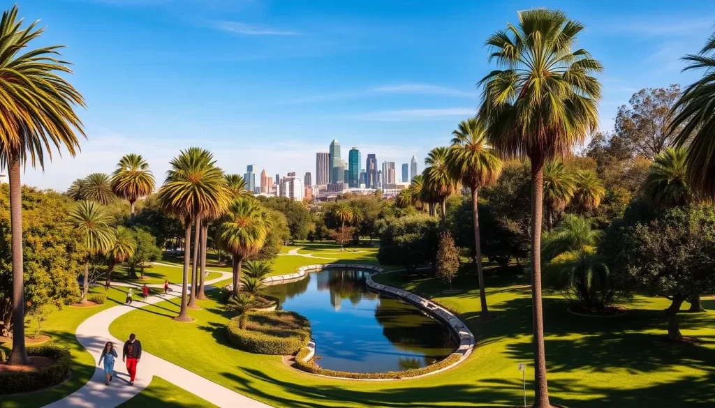 A vibrant cityscape of Los Angeles unfolds, showcasing its verdant parks and lush greenspaces. In the foreground, families stroll along winding paths, basking in the warm California sunshine. Tall palm trees sway gently, casting playful shadows on the well-manicured lawns. The mid-ground features a picturesque pond, its glassy surface reflecting the surrounding flora and a cloudless azure sky. In the distance, the iconic skyline of downtown LA rises, creating a striking contrast between the urban and natural elements. The scene exudes a sense of serenity and community, inviting visitors to explore the rich tapestry of green spaces that define the City of Angels.