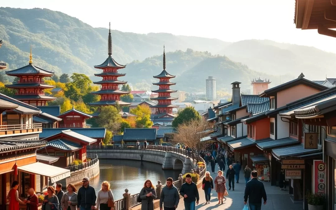 A vibrant cityscape of Miyazaki, Japan, bathed in warm sunlight. Towering pagodas and shrines stand against a backdrop of verdant hills, their intricate architecture reflecting in a tranquil river. In the foreground, locals stroll along the bustling streets, passing by quaint shops and traditional tea houses. The scene is infused with a sense of timeless harmony, blending the ancient and the modern. Capture the essence of Miyazaki's charm through a wide-angle lens, showcasing the city's diverse array of attractions in a single, captivating image.
