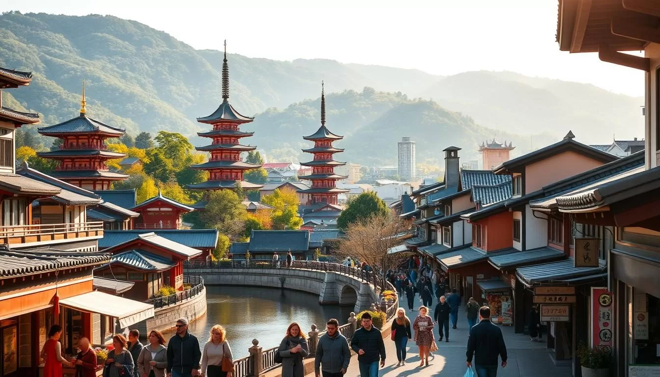 A vibrant cityscape of Miyazaki, Japan, bathed in warm sunlight. Towering pagodas and shrines stand against a backdrop of verdant hills, their intricate architecture reflecting in a tranquil river. In the foreground, locals stroll along the bustling streets, passing by quaint shops and traditional tea houses. The scene is infused with a sense of timeless harmony, blending the ancient and the modern. Capture the essence of Miyazaki's charm through a wide-angle lens, showcasing the city's diverse array of attractions in a single, captivating image.