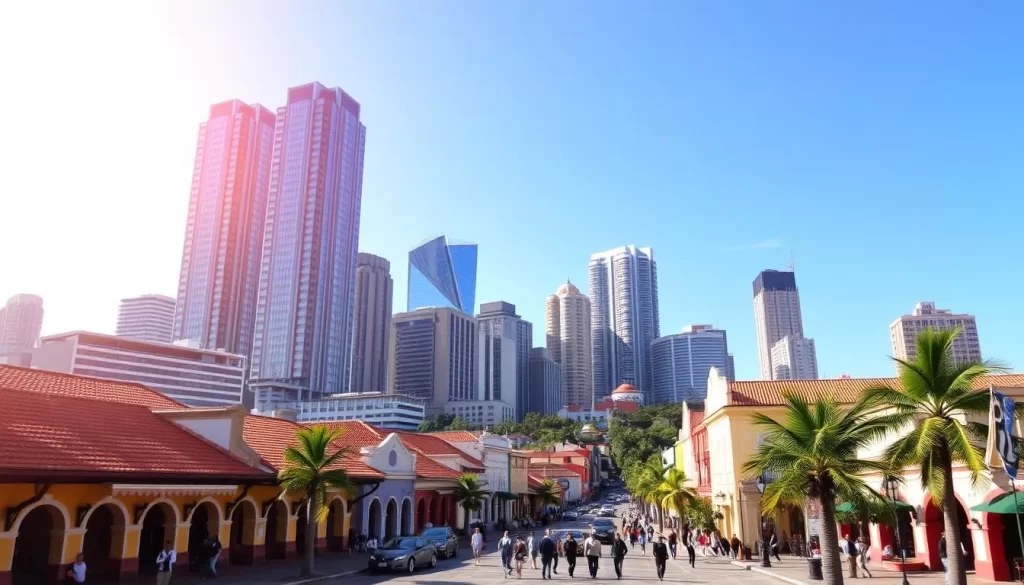 A vibrant cityscape of Panama City, Panama, bathed in warm, golden sunlight. The iconic skyscrapers of the modern financial district rise majestically, their sleek glass facades reflecting the clear blue sky. In the middle ground, colorful colonial-style buildings line the streets, their terracotta roofs and pastel walls exuding a charming, historic ambiance. In the foreground, people stroll along the bustling sidewalks, immersed in the lively, friendly atmosphere of this unique metropolis. A gentle breeze ruffles the palm trees that sway gracefully, adding to the sense of tropical tranquility. The overall scene conveys the captivating blend of modernity and tradition that makes Panama City such a compelling and enthralling destination.