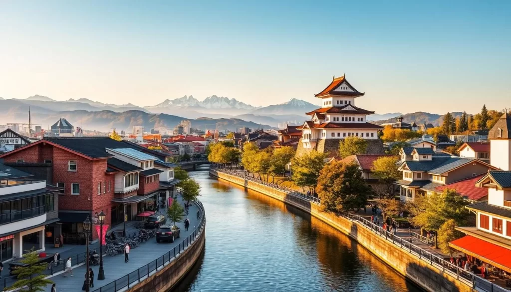 A vibrant cityscape of Toyama, Japan's hidden gem, bathed in warm, golden sunlight. In the foreground, the Fugan Canal with its serene waters and bustling pedestrian walkways, lined with quaint shops and cafes. In the middle ground, the iconic Toyama Castle, its red-tiled roofs and white walls standing tall against a backdrop of lush, verdant hills. Farther in the distance, the majestic snow-capped peaks of the Northern Japan Alps rise majestically, creating a breathtaking panoramic view. The scene exudes a sense of tranquility and timeless elegance, inviting the viewer to explore the rich cultural and natural wonders of this captivating city.