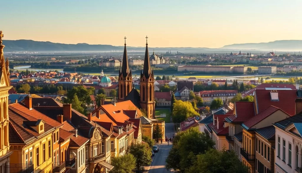 A vibrant cityscape of Zrenjanin, Serbia, bathed in golden afternoon light. In the foreground, a bustling street lined with charming, historic buildings, their facades adorned with intricate architectural details. Towering church spires and domes rise majestically in the middle ground, their silhouettes casting dramatic shadows across the scene. In the background, a panoramic view of the city skyline, punctuated by verdant parks and the winding Begej River. The warm, inviting atmosphere captures the essence of Zrenjanin, Serbia's hidden gem, waiting to be discovered.