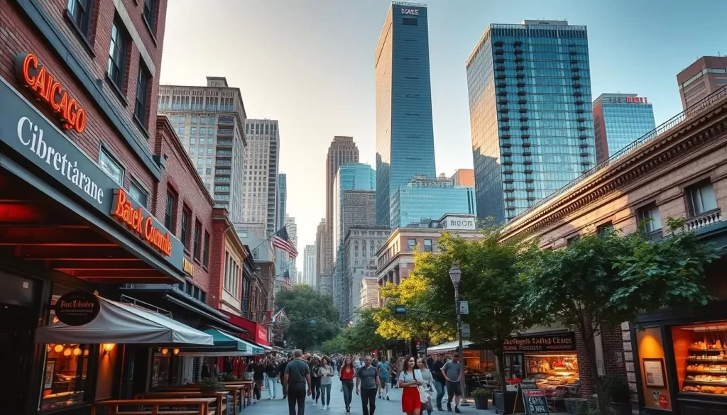 A vibrant cityscape showcasing Chicago's culinary excellence. In the foreground, an array of local eateries - from bustling bistros to trendy gastropubs, their facades adorned with neon signs and outdoor seating. In the middle ground, people stroll down tree-lined streets, carrying bags from farmers' markets and specialty food shops. In the background, the iconic skyscrapers of the Loop rise majestically, their glass facades reflecting the warm afternoon sunlight. The scene is bathed in a soft, golden glow, creating a welcoming and inviting atmosphere that captures the essence of Chicago's dynamic food culture.