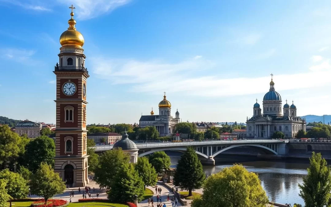A vibrant cityscape showcasing the picturesque landmarks of Zrenjanin, Serbia on a warm, sun-dappled day. In the foreground, the iconic Vaš Park Clock Tower stands tall, its intricate architecture and gleaming golden dome reflecting the azure sky. Surrounding it, lush greenery and bustling pedestrians create a lively scene. In the middle ground, the graceful Perla Bridge arches over the serene Begej River, its reflection rippling in the calm waters. In the distance, the majestic Serbian Orthodox Cathedral of the Holy Trinity rises, its ornate domes and spires silhouetted against the horizon. The overall composition captures the vibrant spirit and rich heritage of this captivating Serbian city.