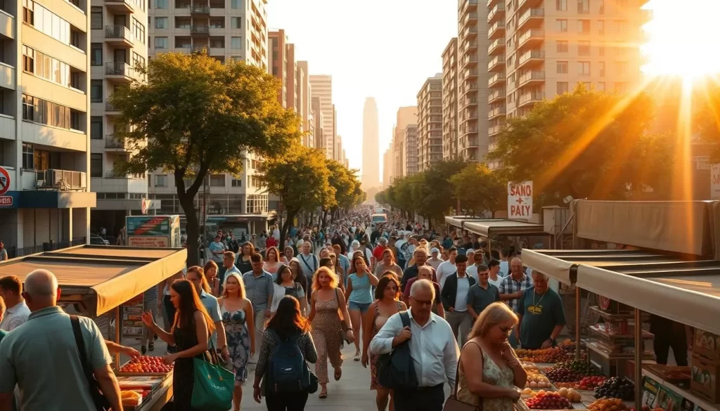 A vibrant cityscape with a diverse array of people engaged in lively conversations, showcasing the economic potential of linguistic diversity. Warm sunlight filters through high-rise buildings, casting a golden glow. Pedestrians of various ethnicities and ages stroll along tree-lined sidewalks, their body language and gestures reflecting the dynamic exchange of ideas. In the foreground, a bustling open-air market displays an array of international goods, symbols of the thriving trade facilitated by multilingual interactions. The scene conveys a sense of harmony, progress, and the synergistic benefits that arise from embracing linguistic pluralism.