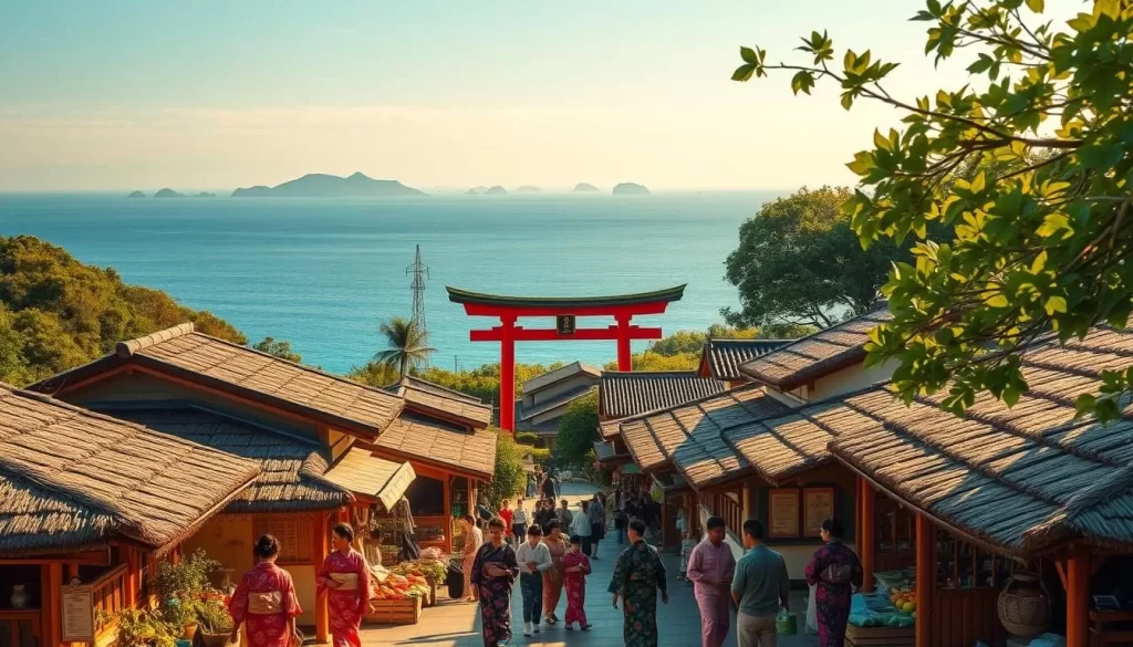 A vibrant coastal village nestled amidst the Satsunan Islands, its traditional thatched-roof buildings bathed in warm, golden sunlight. In the foreground, locals engage in a lively open-air market, their colorful kimonos and baskets of fresh produce creating a captivating scene. In the middle ground, a historic Shinto shrine stands tall, its intricate architecture and vermilion torii gate reflecting the region's rich cultural heritage. Beyond, the azure waters of the East China Sea shimmer, with distant islands dotting the horizon. A gentle breeze rustles the lush foliage, evoking a sense of tranquility and timelessness. This image encapsulates the deep-rooted traditions and natural beauty that define the Satsunan Islands.