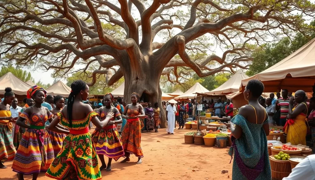 A vibrant, colorful scene of a Gambian cultural festival unfolds before the viewer. In the foreground, a lively dance troupe performs traditional Wolof and Mandinka dances, their vibrant costumes and intricate footwork captivating the audience. The middle ground features a bustling marketplace, with vendors selling handcrafted wares, fragrant spices, and fresh produce. In the background, a towering baobab tree provides a natural canopy, casting a warm, golden light across the entire scene. The atmosphere is one of celebration and community, with people of all ages embracing the rich cultural heritage of Gambia. The overall mood is one of joy, energy, and a deep connection to the land and its traditions.