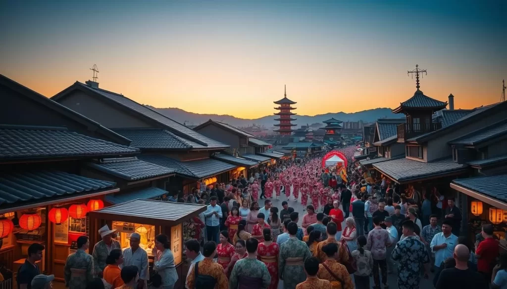 A vibrant crowd celebrating a traditional Niigata festival. In the foreground, people in colorful yukata stroll among lantern-lit stalls offering local delicacies and handcrafted goods. In the middle ground, a grand parade with taiko drummers and dancers in elaborate costumes moves through the streets. The background features the iconic tiled roofs and pagodas of a historic Japanese town, bathed in the warm glow of sunset. The atmosphere is lively and festive, with a sense of community and cultural heritage palpable in every detail.