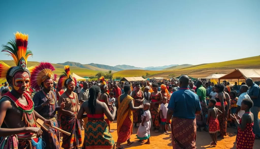 A vibrant crowd gathered in a Kenyan village, celebrating a traditional festival. In the foreground, colorfully dressed dancers move to the rhythmic beats of a live band. Intricately decorated masks and headdresses add to the captivating visual. In the middle ground, vendors offer handcrafted goods and local delicacies, while children play games. The background features lush, rolling hills and a clear, azure sky, setting a serene, joyous atmosphere. Warm, natural lighting illuminates the scene, creating a sense of energy and celebration. Capture the spirit of Kenya's festival culture, showcasing the country's rich heritage and vibrant traditions.