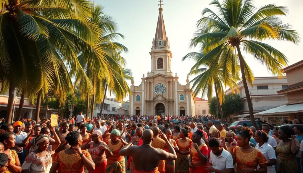A vibrant crowd gathered in a colorful town square, celebrating the rich religious heritage of São Tomé and Príncipe. In the foreground, locals in traditional attire dance and perform lively rituals, their movements accentuated by warm, golden sunlight. The middle ground features a grand church, its intricate architecture and towering steeple commanding attention. In the background, verdant palm trees sway gently, creating a lush, tropical atmosphere. The scene exudes a palpable sense of community, reverence, and joyous celebration, capturing the essence of the island nation's enduring religious festivities.